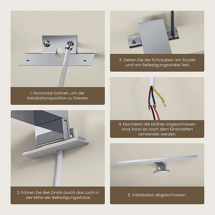 Emke LED-Spiegelleuchte L08 - 8 W, Verchromt - Installationsanleitung für eine silberfarbene LED-Wandleuchte, fünf Schritte von der Montage der Halterung bis zum fertigen Aufbau.