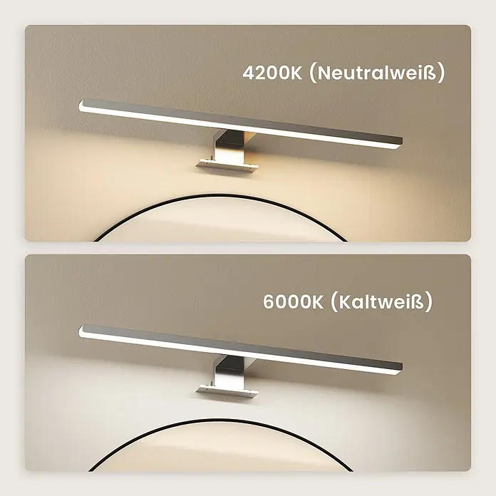 Emke LED-Spiegelleuchte L08 - 8 W, Verchromt - Zwei lineare LED-Spiegelleuchten im Vergleich: 4200K Neutralweiß und 6000K Kaltweiß über einem Spiegel.