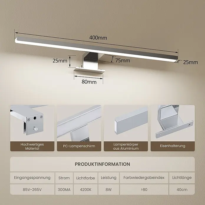Emke LED-Spiegelleuchte L08 - 8 W, Verchromt - Silberne 400mm LED-Spiegelleuchte mit Aluminiumgehäuse und PC-Lampenschirm zur Wandmontage.