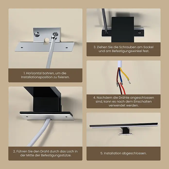 Emke LED-Spiegelleuchte L08 - 8 W, Schwarz - Montageanleitung für eine schwarze LED-Wandleuchte, die das Anbringen der Halterung, das Verkabeln und die Endmontage zeigt.