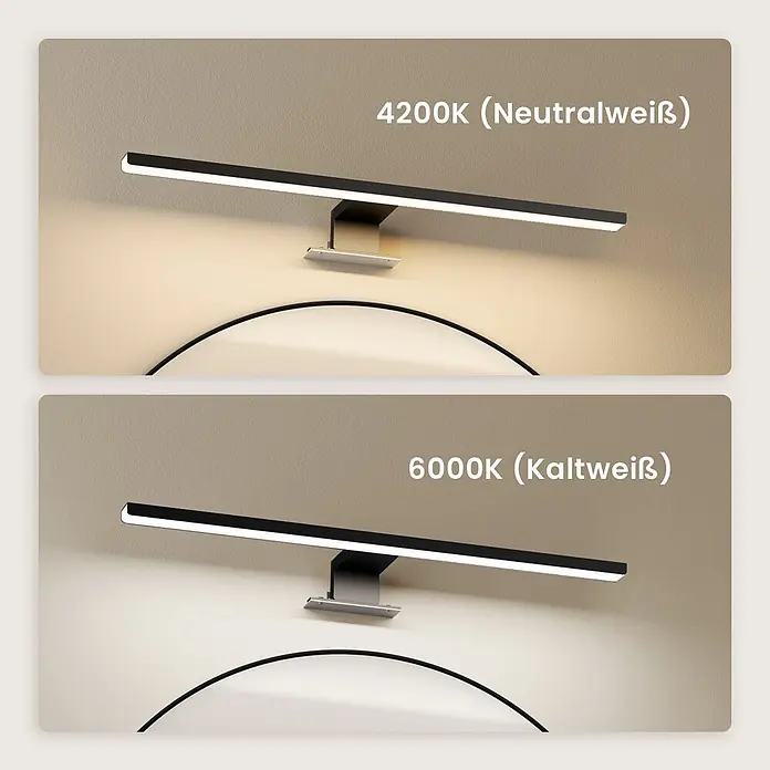 Emke LED-Spiegelleuchte L08 - 8 W, Schwarz - Zwei Ansichten einer schwarzen linearen LED-Spiegelleuchte, die 4200K neutralweißes und 6000K kaltweißes Licht zeigt.