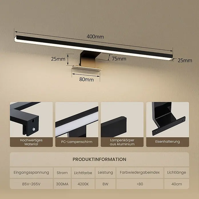 Emke LED-Spiegelleuchte L08 - 8 W, Schwarz - Schwarze 400mm lineare LED-Wandleuchte aus Aluminium mit PC-Lampenschirm, zeigt Maße und Materialdetails.