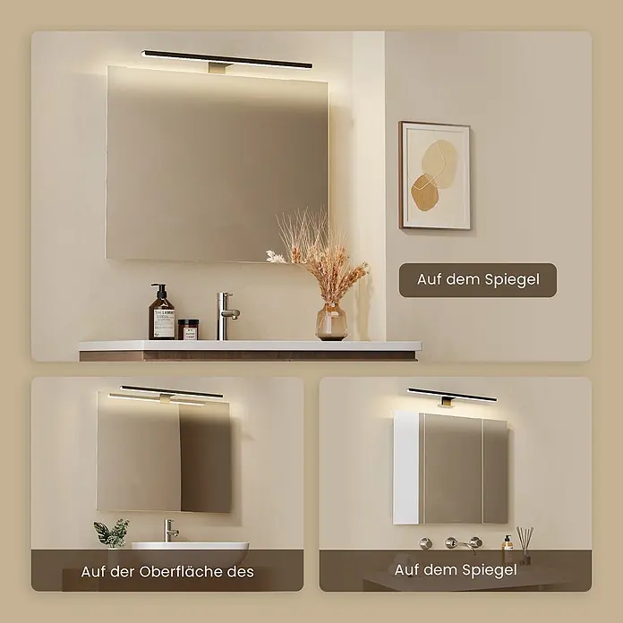 Emke LED-Spiegelleuchte L08 - 8 W, Schwarz - Schwarze und goldene LED-Spiegelleuchte über einem Badspiegel, warmes Licht ausstrahlend.