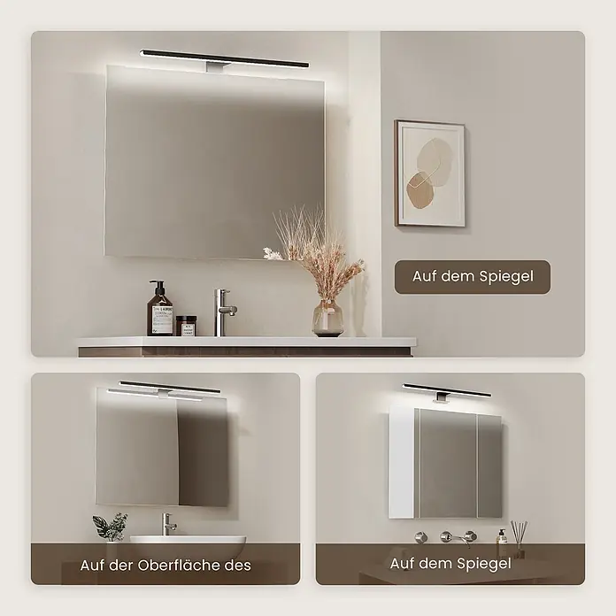 Emke LED-Spiegelleuchte L08 - 8 W, Schwarz - Schwarze und silberne LED-Spiegelleuchte. Über verschiedenen Badezimmerspiegeln montiert.