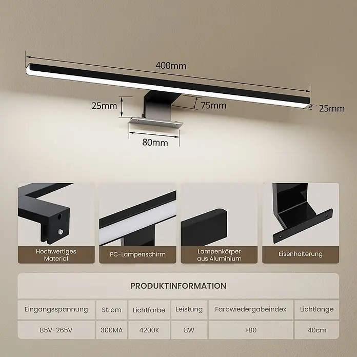 Emke LED-Spiegelleuchte L08 - 8 W, Schwarz - Schwarze, schlanke LED-Spiegelleuchte aus Aluminium mit detaillierten Maßen und Produktspezifikationen.