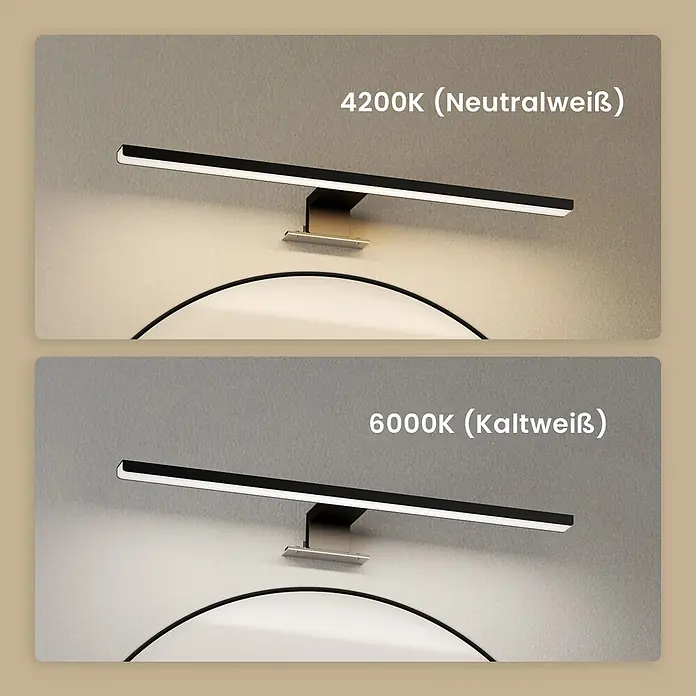 Emke LED-Spiegelleuchte L08 - 8 W, Schwarz - Lineare LED-Spiegelleuchte zeigt 4200K Neutralweiß und 6000K Kaltweiß, montiert über einem Spiegel.