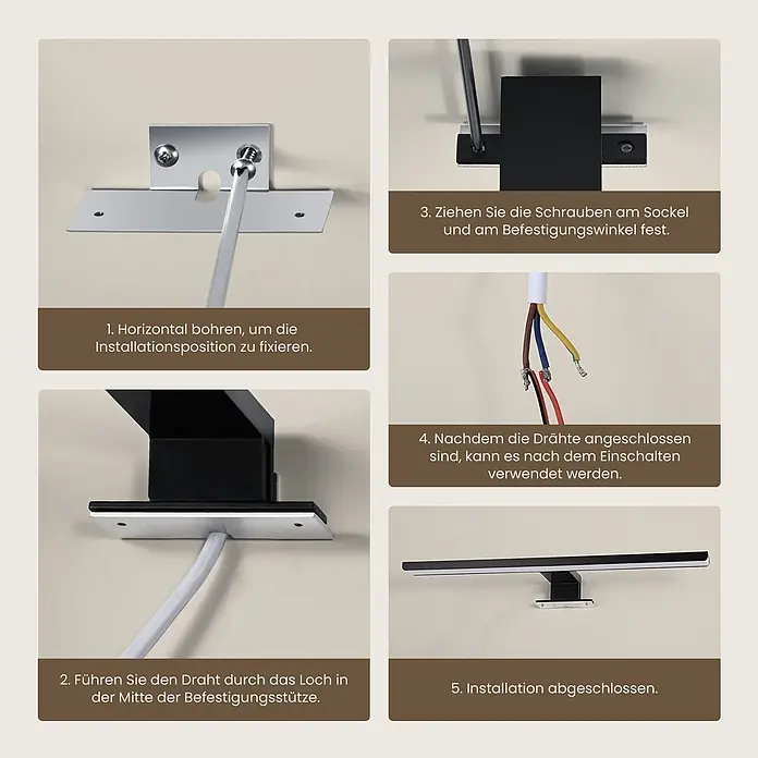 Emke LED-Spiegelleuchte L08 - 8 W, Schwarz - Installationsanleitung für eine schwarze Leuchte, zeigt Montage, Verkabelung und Endmontage an der Wand.