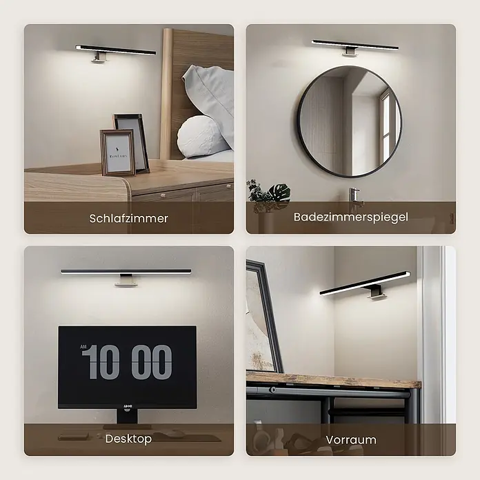 Emke LED-Spiegelleuchte L08 - 8 W, Schwarz - Schlanke schwarze lineare LED-Wandleuchte mit Chromhalterung, spendet helles Licht für verschiedene Wohnbereiche.