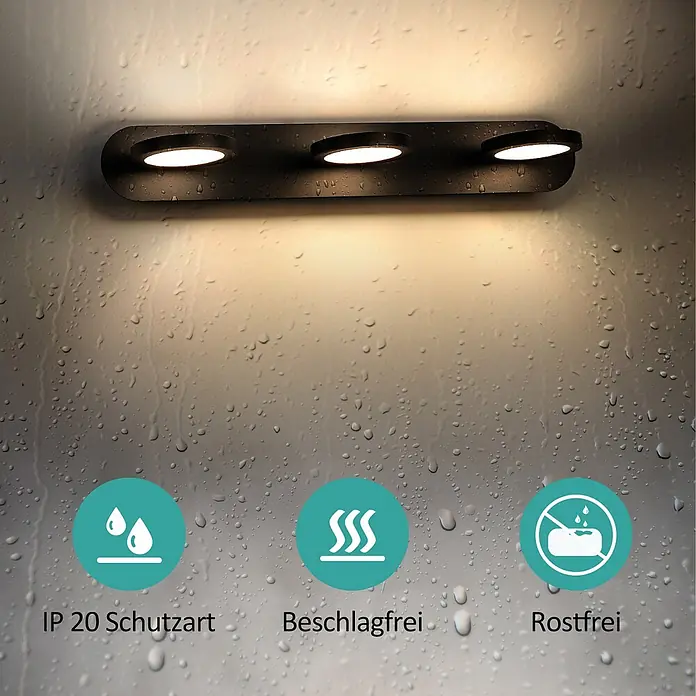 Emke LED-Spiegelleuchte L24 - 15 W, Schwarz - Schwarze 3-Punkt-Leuchte an nasser Wand. Merkmale: IP20 Schutzart, beschlagfrei, rostfrei.
