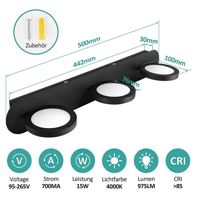 Emke LED-Spiegelleuchte L24 - 15 W, Schwarz - Schwarze LED-Wandleuchte mit 3 Spots, zeigt Gesamtabmessungen und Montagezubehör.