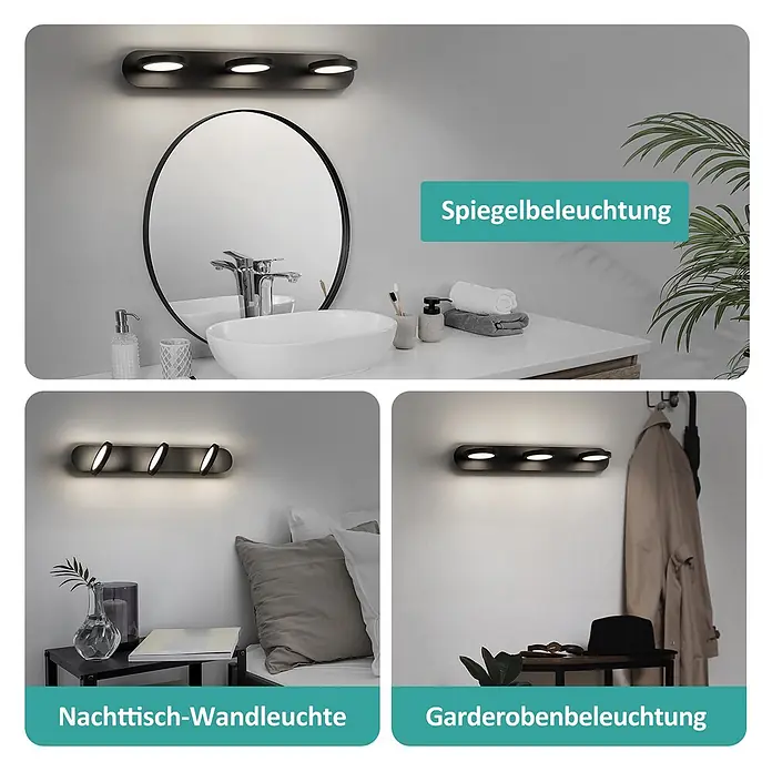 Emke LED-Spiegelleuchte L24 - 15 W, Schwarz - Schwarze Wandleuchte mit drei drehbaren Spots, vielseitig einsetzbar in Bad, Schlafzimmer und Garderobe.