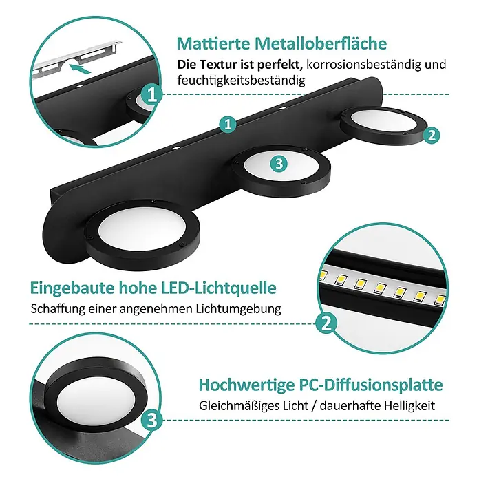 Emke LED-Spiegelleuchte L24 - 15 W, Schwarz - Mattschwarze Metall-LED-Leuchte mit drei runden Lichtern, eingebauten LEDs und einer hochwertigen PC-Diffusionsplatte für gleichmäßiges Licht.