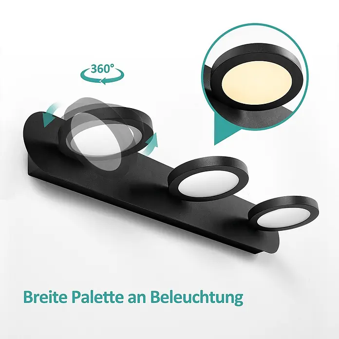 Emke LED-Spiegelleuchte L24 - 15 W, Schwarz - Schwarze Wandleuchte mit drei 360° drehbaren, runden Spots für vielseitige Beleuchtung.