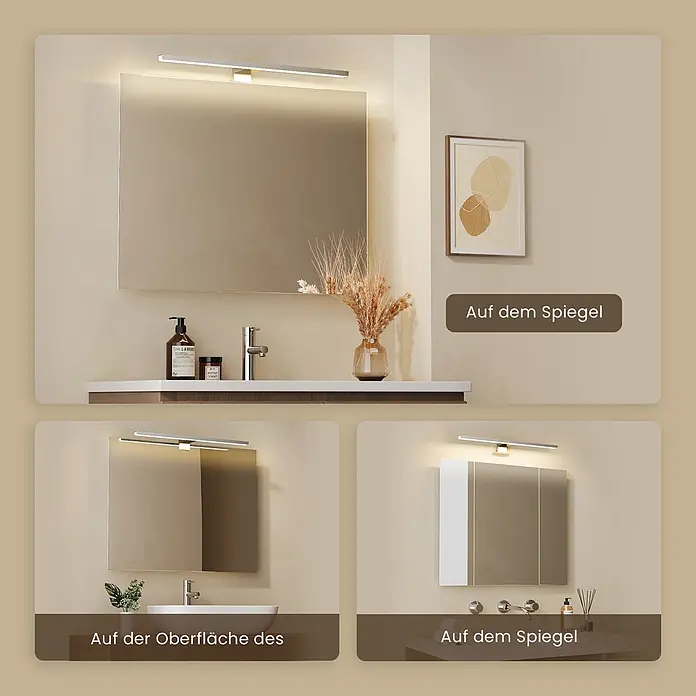 Emke LED-Spiegelleuchte L08 - 8 W, Weiß - Silberne LED-Spiegelleuchte, die einen Waschtischspiegel beleuchtet und verschiedene Montagemöglichkeiten zeigt.