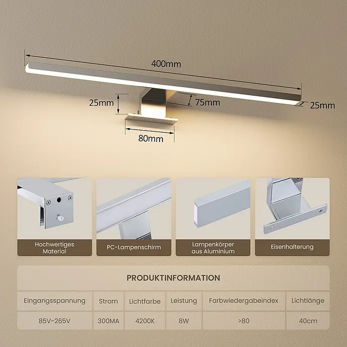 Emke LED-Spiegelleuchte L08 - 8 W, Weiß - Wandmontierte LED-Spiegelleuchte, 400mm lang, silberfarben, mit Abmessungen und Produktdetails.