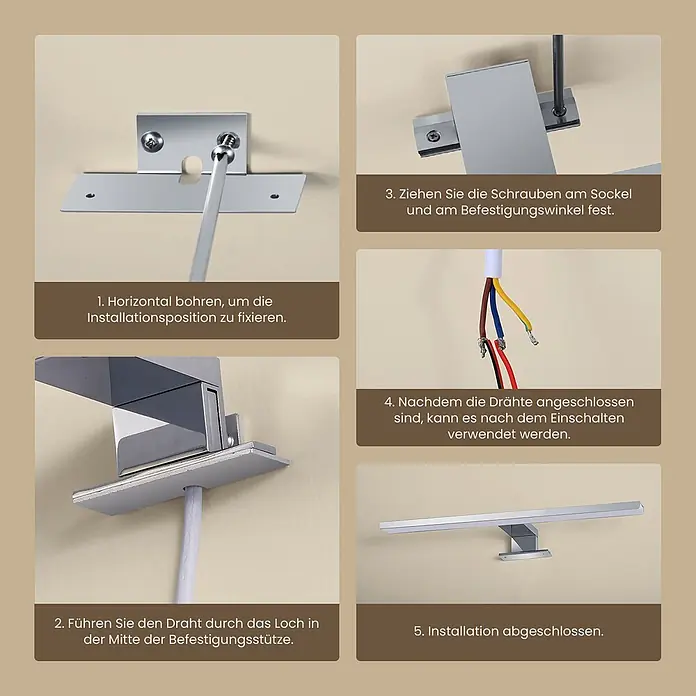 Emke LED-Spiegelleuchte L08 - 8 W, Weiß - Installationsschritte für eine silberne wandmontierte LED-Leuchte.