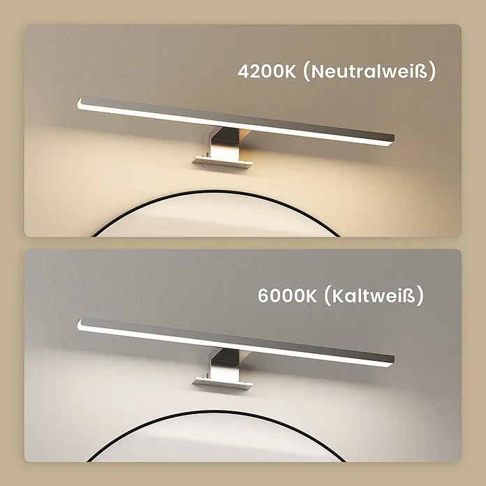Emke LED-Spiegelleuchte L08 - 8 W, Weiß - Silberne lineare LED-Leuchte über Spiegel, mit 4200K Neutralweiß und 6000K Kaltweiß.