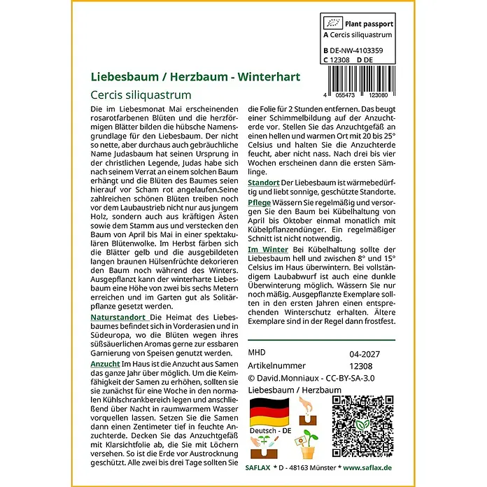 Saflax Blumensamen - Cercis siliquastrum - Pflanzeninformationsetikett für einen Judasbaum (Cercis siliquastrum) mit Pflanzenpass, Anzuchtanleitung und QR-Code.