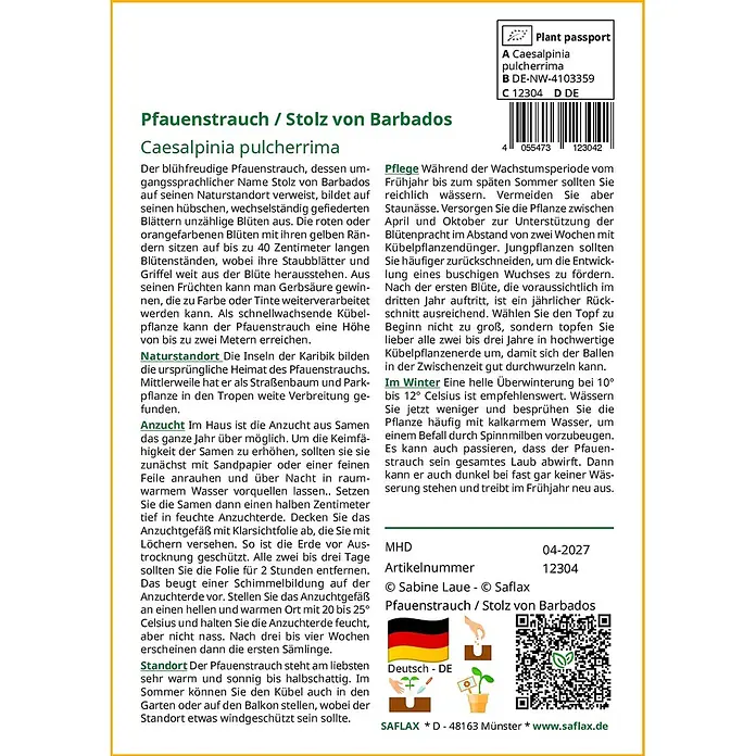 Saflax Blumensamen - Caesalpinia pulcherrima - Produktinformationsblatt für Caesalpinia pulcherrima (Pfauenstrauch) mit Pflanzenpass, Pflege- und Anzuchtanleitung.