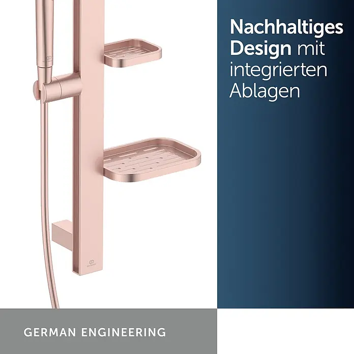 Ideal Standard Brausegarnitur Idealrain BD586 - Lochabstand: 40 cm - 50 cm, Art Strahl: SilkRain, Rain, Rosé - Elegante roségoldene Duschstange mit flexiblem Schlauch und zwei integrierten Ablagen.