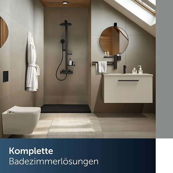 Ideal Standard Kosmetikspiegel Beauty Bar - 31 x 71,7 cm, Durchmesser: 20,5 cm, Rund, Schwarz - Modernes Badezimmer mit schwarzer Dusche, Wand-WC, Waschtisch und Rundspiegel. Klares, minimalistisches Design mit schwarzen Armaturen.