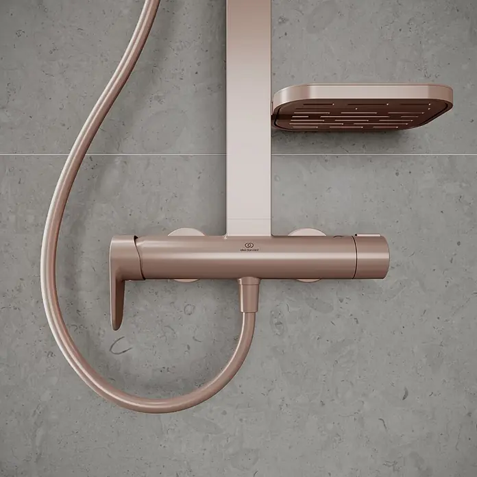 Ideal Standard Alu+ Duschsystem Ceraflow BD584RO - Lochabstand: 60 cm, Anzahl Strahlarten: 2 Stk., Rose, Form Kopfbrause: Rund - Roségoldenes Duschsystem mit Thermostatmischer und Schlauch.