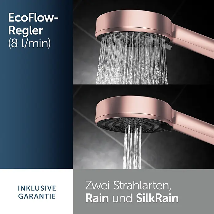 Ideal Standard Brausegarnitur Idealrain BD586 - Lochabstand: 40 cm - 50 cm, Art Strahl: SilkRain, Rain, Rosé - Roségoldener Duschkopf zeigt zwei Strahlarten: vollen "Rain" und sanften "SilkRain" bei 8 l/min.