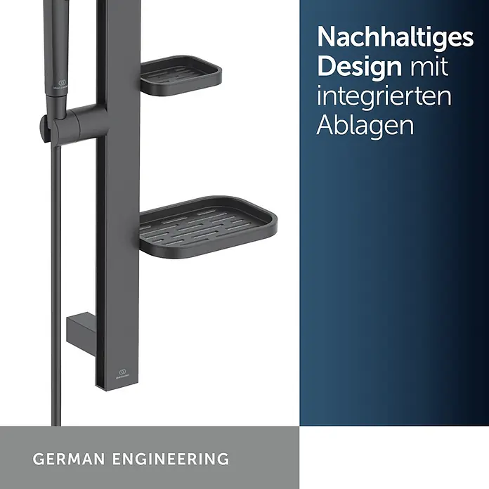 Ideal Standard Brausegarnitur Idealrain BD586 - Lochabstand: 40 cm - 50 cm, Art Strahl: SilkRain, Rain, Schwarz - Dunkelgraue Duschstange mit zwei integrierten Ablagen.
