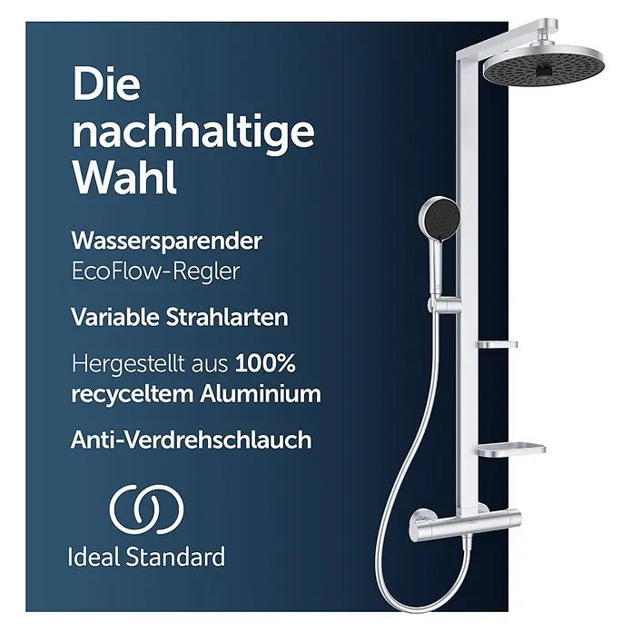 Ideal Standard Alu+ Duschsystem Ceratherm - Anzahl Strahlarten: 2 Stk., Silber - Silbernes Duschsystem aus recyceltem Aluminium mit Wassersparfunktion.