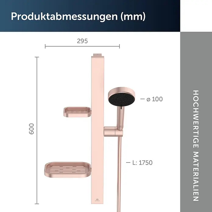 Ideal Standard Brausegarnitur Idealrain BD586 - Lochabstand: 40 cm - 50 cm, Art Strahl: SilkRain, Rain, Rosé - Roségoldene Duschstange mit verstellbarer Handbrause, zwei Seifenschalen und Maßen (600mm Stangenhöhe, 1750mm Schlauchlänge).