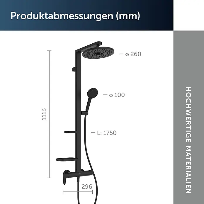 Ideal Standard Alu+ Duschsystem Ceraflow BD584XG - Lochabstand: 60 cm, Anzahl Strahlarten: 2 Stk., Schwarz, Form Kopfbrause: Rund - Schwarzes Duschsystem mit Regenduschkopf (Ø260), Handbrause (Ø100, L:1750) und Mischer (B:296), Gesamthöhe 1113mm.
