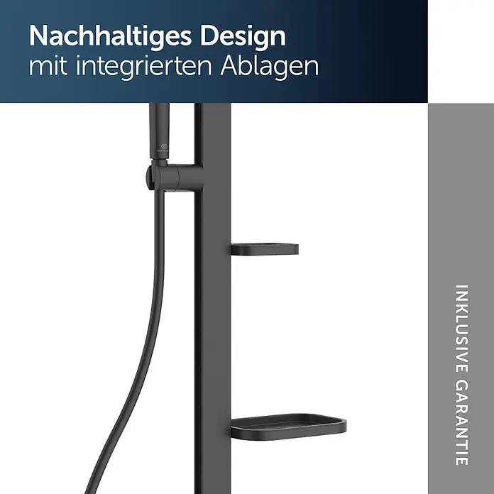Ideal Standard Alu+ Duschsystem Ceraflow BD584XG - Lochabstand: 60 cm, Anzahl Strahlarten: 2 Stk., Schwarz, Form Kopfbrause: Rund - Schwarze Duschsäule mit zwei integrierten Ablagen.