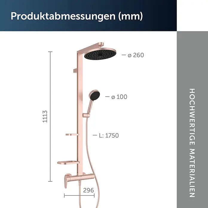Ideal Standard Alu+ Duschsystem Ceraflow BD584RO - Lochabstand: 60 cm, Anzahl Strahlarten: 2 Stk., Rose, Form Kopfbrause: Rund - Roségoldenes Duschsystem mit Brausekopf (Ø 260mm), Handbrause (Ø 100mm) und Maßen: Höhe 1113mm, Schlauch 1750mm.