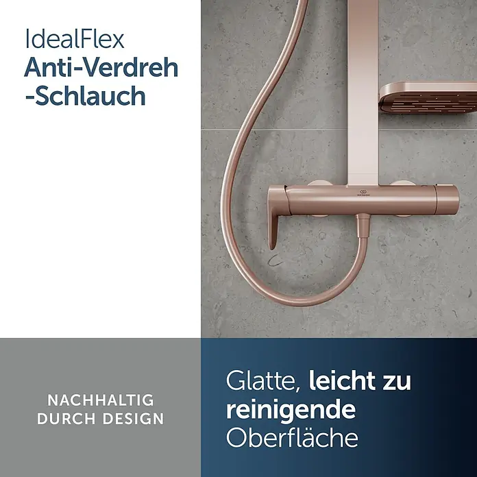 Ideal Standard Alu+ Duschsystem Ceraflow BD584RO - Lochabstand: 60 cm, Anzahl Strahlarten: 2 Stk., Rose, Form Kopfbrause: Rund - Roségoldenes Duschsystem mit flexiblem Schlauch und Brausekopf.