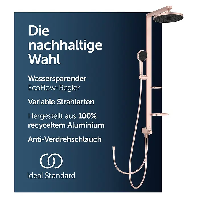 Ideal Standard Alu+ Duschsystem BD585 - Lochabstand: 600 mm, Form Kopfbrause: Rund, Rosé - Roségoldenes Duschsystem mit Kopfbrause, Handbrause und Reglern.