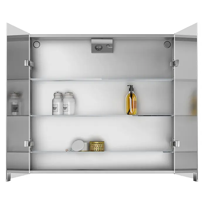Jokey LED-Spiegelschrank Stylealu - B x H: 80 x 73,5 cm, Holz, Aluminium - Offener weißer Badezimmerschrank mit Glasböden, interner Steckdose und Toilettenartikeln.