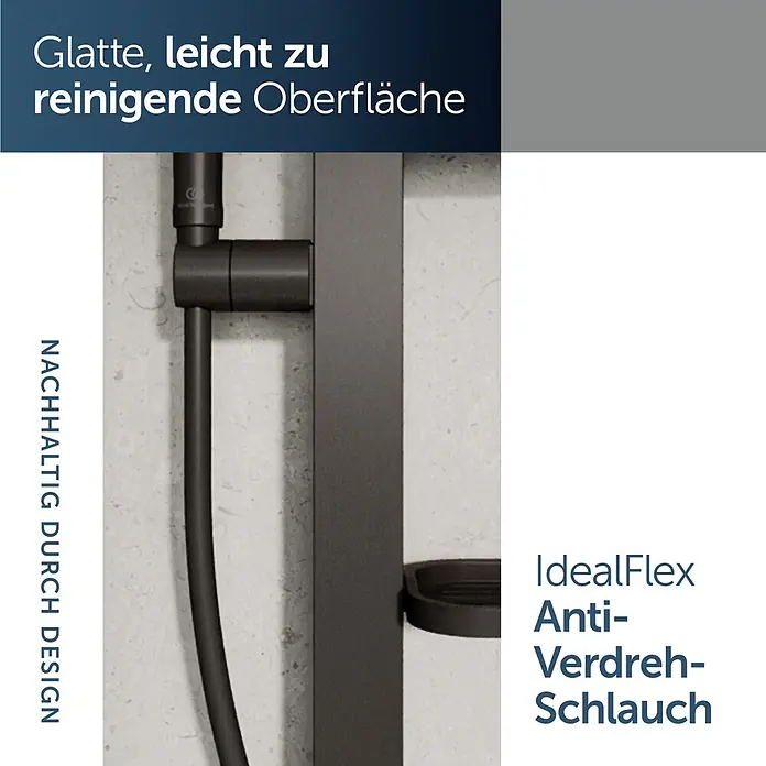 Ideal Standard Brausegarnitur Idealrain BD586 - Lochabstand: 40 cm - 50 cm, Art Strahl: SilkRain, Rain, Schwarz - Anthrazitfarbener Duschschlauch und Duschstange mit Anti-Verdreh-Funktion und glatter, leicht zu reinigender Oberfläche.