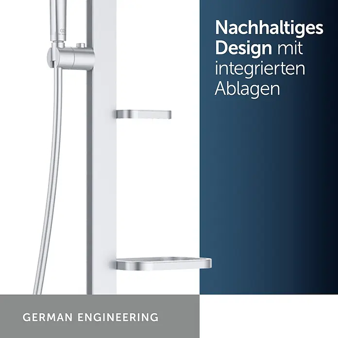 Ideal Standard Alu+ Duschsystem BD585 - Lochabstand: 600 mm, Form Kopfbrause: Rund, Silber - Silberne Duschstange mit verstellbarem Brausehalter und zwei integrierten Ablagen für Toilettenartikel, modernes Design.