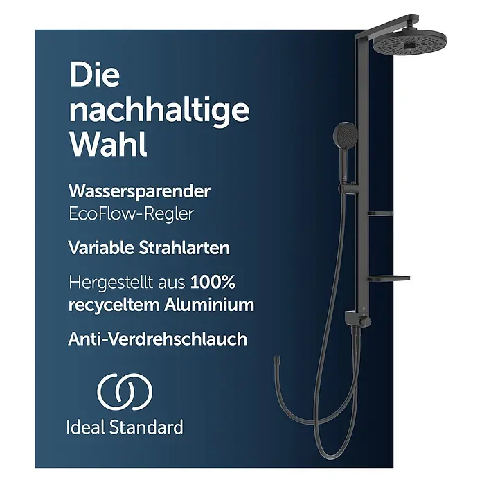 Ideal Standard Alu+ Duschsystem BD585 - Lochabstand: 600 mm, Form Kopfbrause: Rund, Schwarz - Ein matt-schwarzes Duschsystem mit Kopfbrause, Handbrause, Schlauch, integrierter Steuerung und Ablagen.