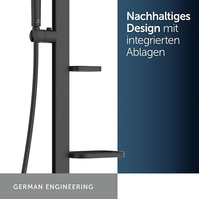 Ideal Standard Alu+ Duschsystem BD585 - Lochabstand: 600 mm, Form Kopfbrause: Rund, Schwarz - Schwarzes Duschsystem mit integrierten Ablagen.