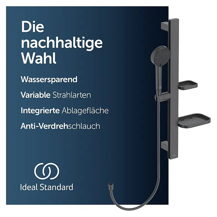 Ideal Standard Brausegarnitur Idealrain BD586 - Lochabstand: 40 cm - 50 cm, Art Strahl: SilkRain, Rain, Schwarz - Dunkelgraues Duschstangenset mit Handbrause und zwei integrierten rechteckigen Ablagen.