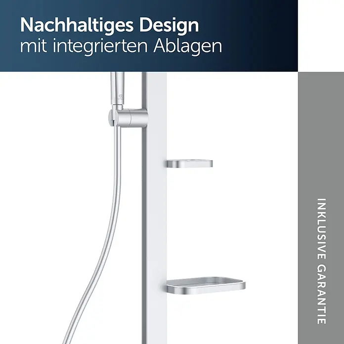 Ideal Standard Alu+ Duschsystem Ceraflow BD584SI - Lochabstand: 60 cm, Anzahl Strahlarten: 2 Stk., Silber, Form Kopfbrause: Rund - Silberne Duschstange mit zwei integrierten Ablagen für Duschutensilien.