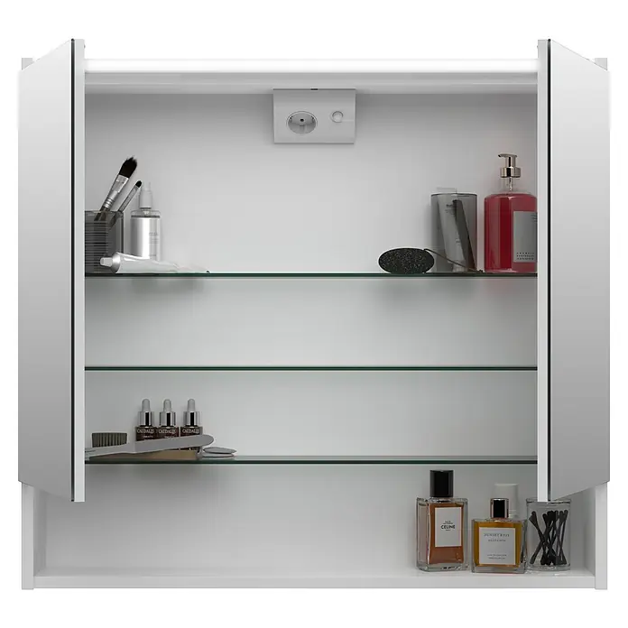 Jokey LED-Spiegelschrank Prent - B x H: 79,3 x 72 cm, Holz, Weiß - Offener weißer Spiegelschrank mit Glasböden, zeigt diverse Toilettenartikel und eine interne Steckdose.