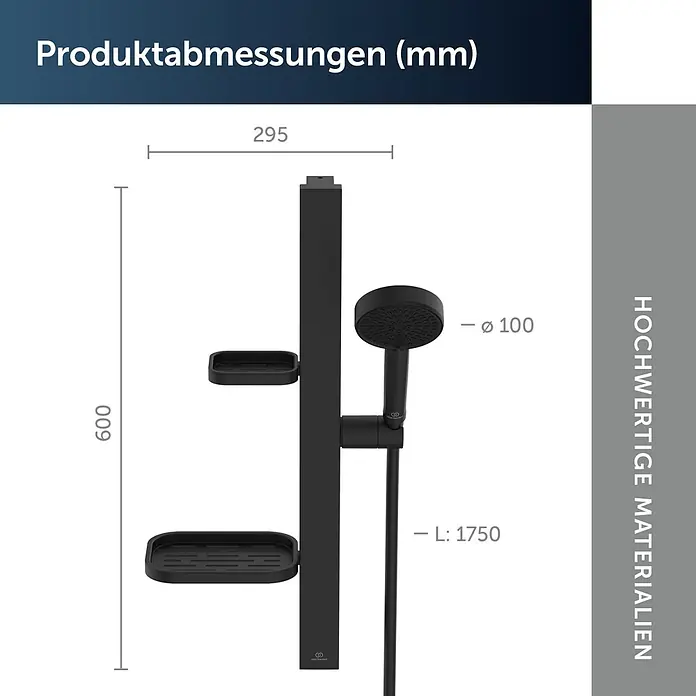 Ideal Standard Brausegarnitur Idealrain BD586 - Lochabstand: 40 cm - 50 cm, Art Strahl: SilkRain, Rain, Schwarz - Schwarzes Duschsystem mit Stange, zwei Ablagen und Handbrause, zeigt Hauptabmessungen.