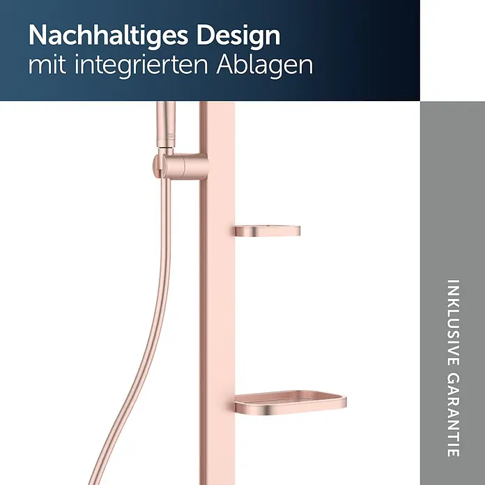 Ideal Standard Alu+ Duschsystem Ceraflow BD584RO - Lochabstand: 60 cm, Anzahl Strahlarten: 2 Stk., Rose, Form Kopfbrause: Rund - Roségoldene Duschstange mit integrierten Ablagen und Duschschlauch.