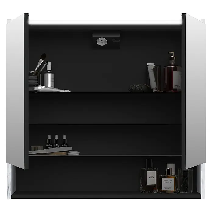 Jokey LED-Spiegelschrank Prent - B x H: 79,3 x 72 cm, Holz, Weiß Vintage - Offener Badschrank mit Toilettenartikeln, Kosmetika und Parfums auf schwarzen Regalböden, beleuchteter Innenraum.