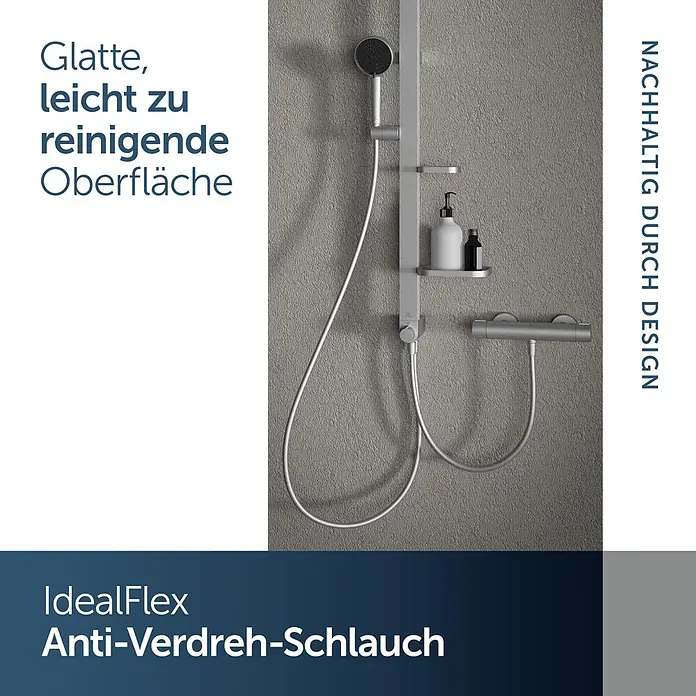 Ideal Standard Alu+ Duschsystem BD585 - Lochabstand: 600 mm, Form Kopfbrause: Rund, Silber - Silbergraues Duschsystem mit leicht zu reinigender Oberfläche und IdealFlex Anti-Verdreh-Schlauch, an einer Badezimmerwand montiert.