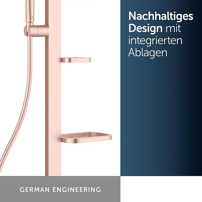 Ideal Standard Alu+ Duschsystem Ceratherm - Anzahl Strahlarten: 2 Stk., Rosé - Roségoldene Duschstange mit integrierten Ablagen und Handbrause.