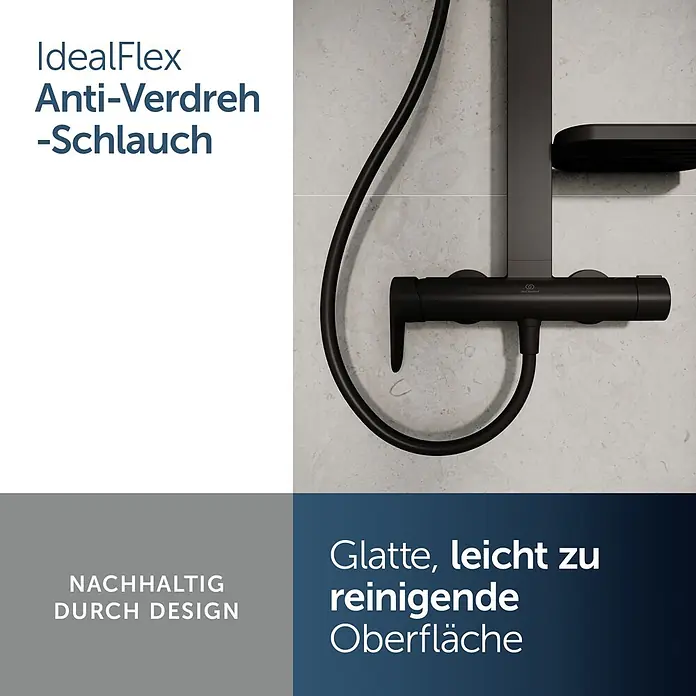 Ideal Standard Alu+ Duschsystem Ceraflow BD584XG - Lochabstand: 60 cm, Anzahl Strahlarten: 2 Stk., Schwarz, Form Kopfbrause: Rund - Schwarzes Duschsystem mit verdrehsicherem Schlauch und glatter, leicht zu reinigender Oberfläche.