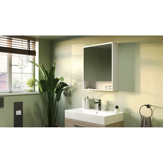 Jokey LED-Spiegelschrank Prent - B x H: 59,3 x 72 cm, Holz, Weiß - Moderner Waschtisch mit weißem Keramikbecken, schwarzer Armatur und darüberliegendem Spiegelschrank im Bad.